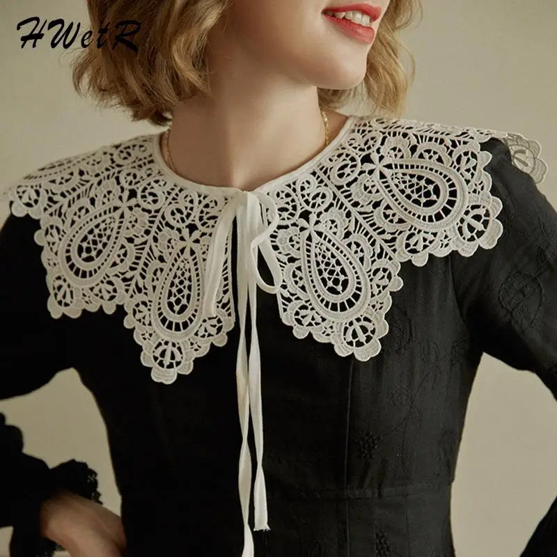 

Vintage Palace Style Women Doll Fake Collar Hollow Out Crochet Lace Half Shirt Shawl With Imitation Pearl Bowtie