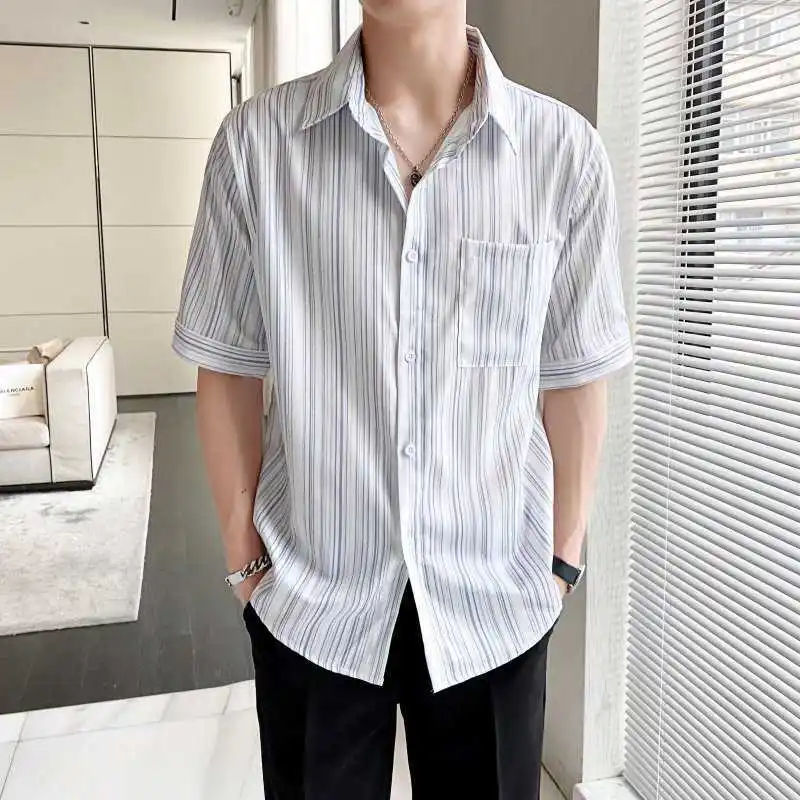 

Summer Men's Striped Casual Short Sleeve Shirts Men's Fashion Trend Loose Versatile Shirt Tops
