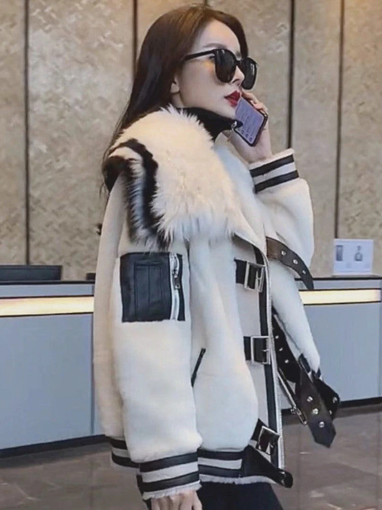 

Winter Warm Thicken Jackets Lambswool Patchwork Pockets Zipper Contrast Color Coats Casual Loose Long Sleeve Elegant Women Tops