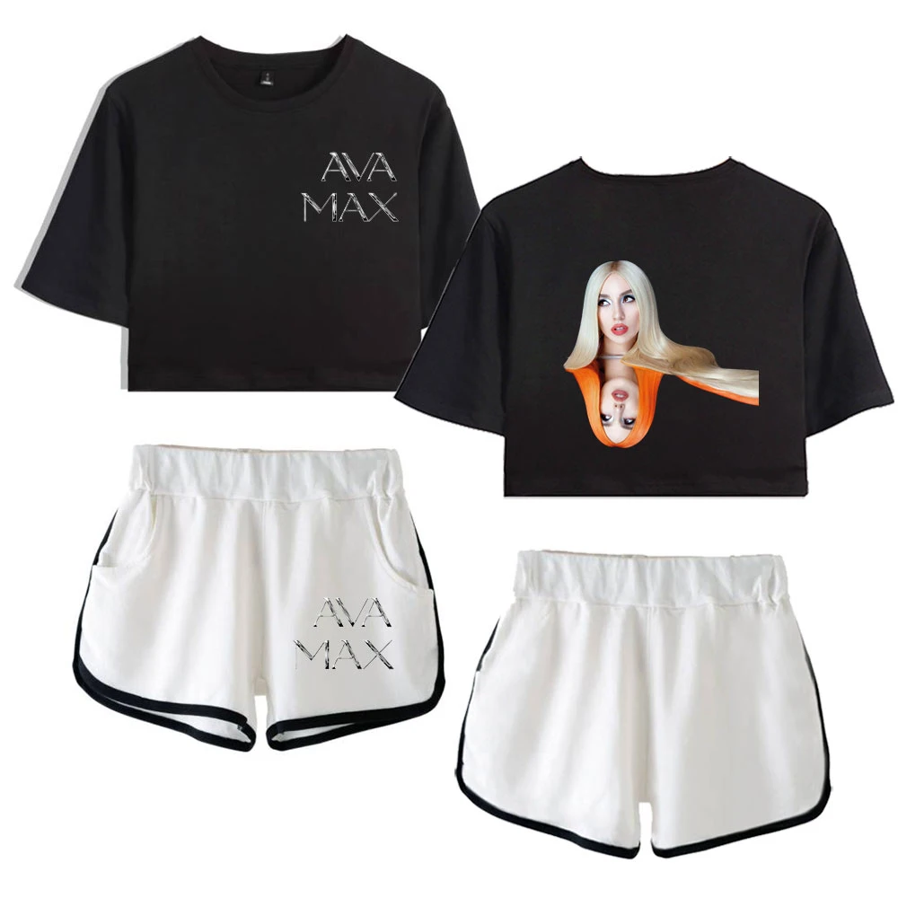 

Harajuku Popular Hot Ava Max Print Short Sleeve Cool Sexy Shorts+lovely T-shirts Dew navel Pretty Girl suits Two Piece Set