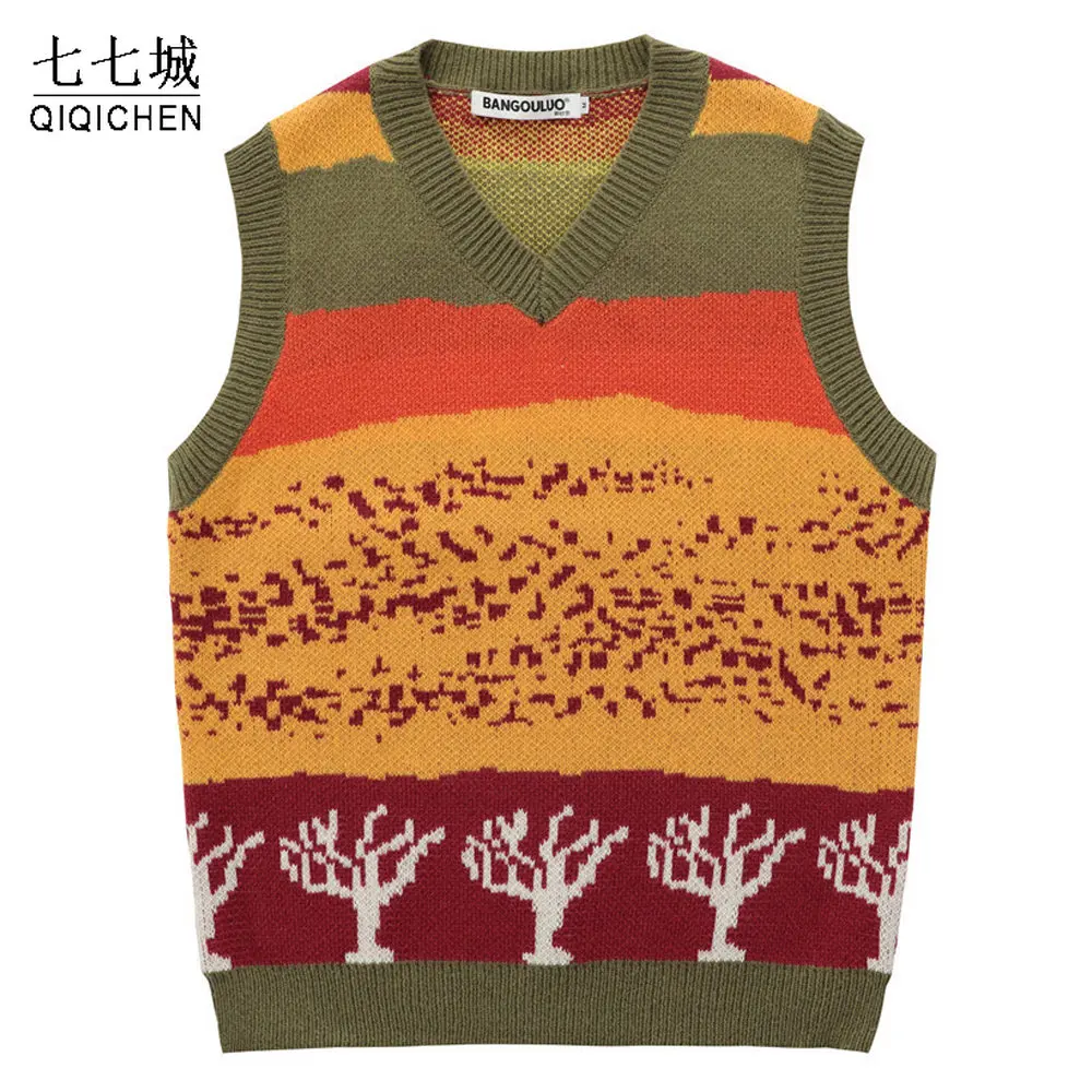 

College Knitted Vest Sweaters Men Women Color Block Street Hip Hop Casual Autumn Winter O-neck Sleeveless Sweaters Tops Pullover
