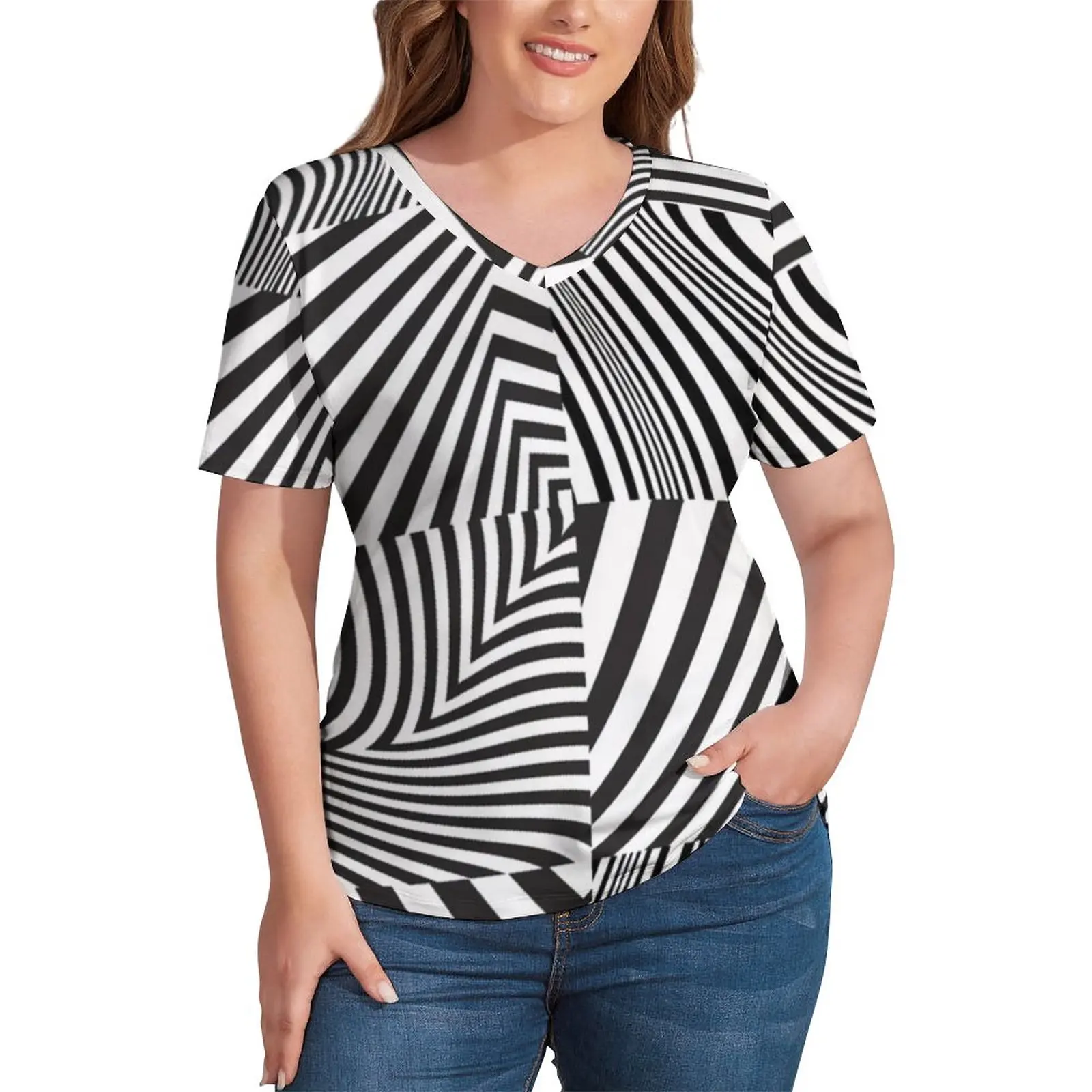 

Retro Mod Squared T Shirts Abstract Stripes V Neck Streetwear T-Shirt Aesthetic Tee Shirt Sexy Graphic Top Tees Plus Size 4XL