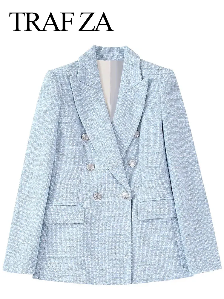 

TRAF ZA Women Commuter Office Casual Blazer Blue Suit Collar Double Breasted New Fashion Jacket Women Spring Autumn Wear Top