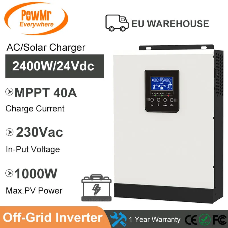 

MPPT 40A Solar Charger 3000VA 2400W 220V Off Grid Inverter 24V Battery Charger Pure Sine Wave and Max PV 102VDC Hybrid Inverter