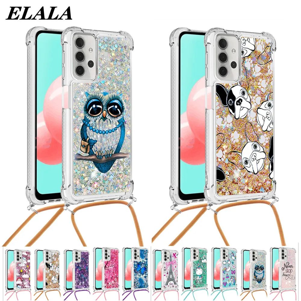 

Glitter Liquid Quicksand Phone Case for Samsung Galaxy A23 A73 A53 A33 A13 A03s A32 A82 A22 A01 Core Back Cover with Lanyard