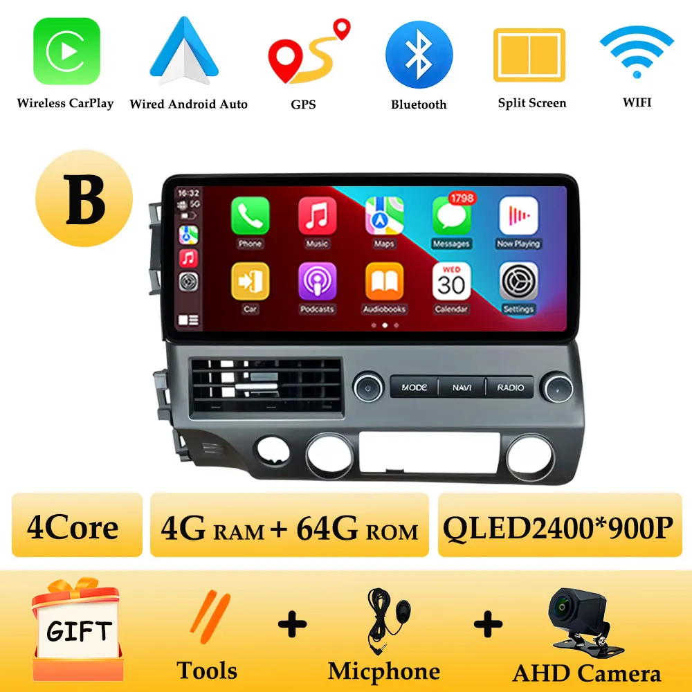 

CarPlay 12,3-дюймовый левый руль для Honda Civic 2006-2011 Android 15 Автомобильный радиоприемник Видео Мультимедийный плеер GPS Navi WiFi DSP BT