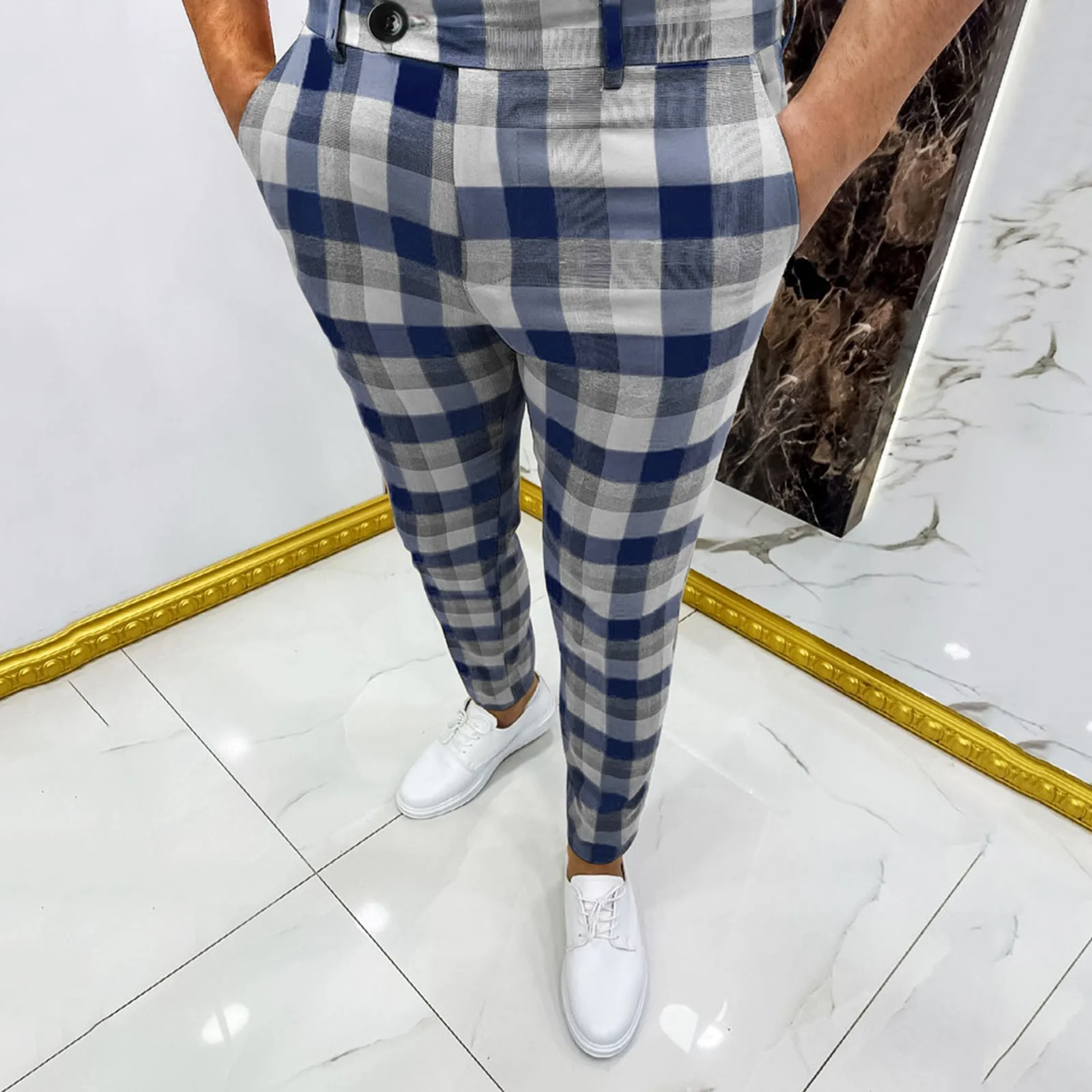 

Мужские клетчатые Костюмные брюки, формальные брюки, мужские эластичные облегающие однотонные повседневные длинные брюки, новая мужская одежда