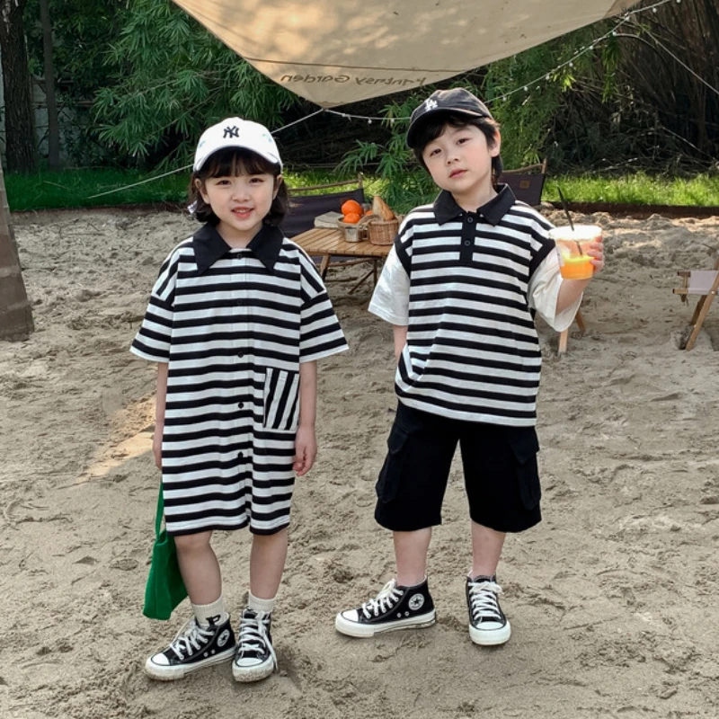 

Brother And Sister Matching Outfits For Kids Summer Clothes Korean Fashion Children Clothing Baby Boy Top+Shorts Sets Girl Dress