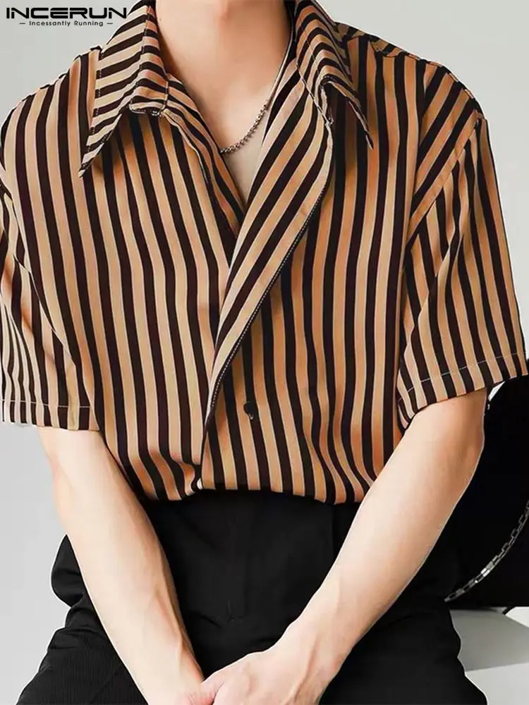 

Рубашка INCERUN мужская с отложным воротником, Повседневная Уличная одежда в полоску, с короткими рукавами, модная одежда на пуговицах, свободн...