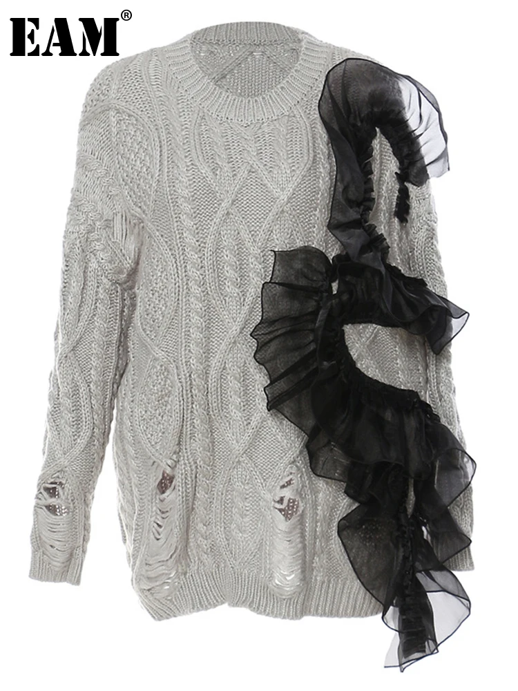 

[EAM] Gray Ruffles Big Size Knitting Sweater Round Neck Long Sleeve Women Pullovers New Fashion Tide Autumn Winter 2023 1DF0703