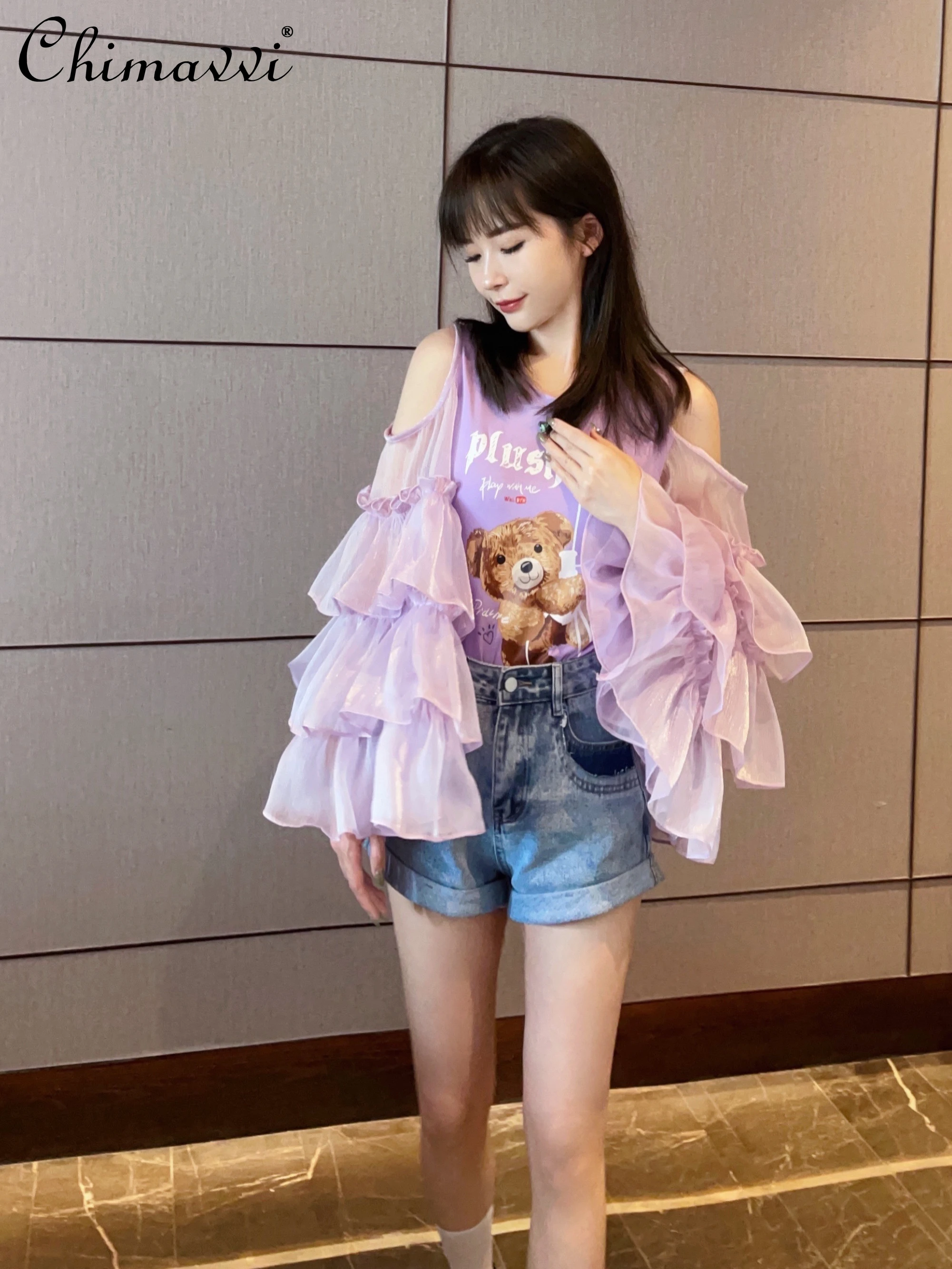 Fashion Brand 2022 Summer Off-the-Shoulder Cartoon Print Top Tees Ladies Sweet Ins Patchwork Flared Sleeves Short Slim T-shirt