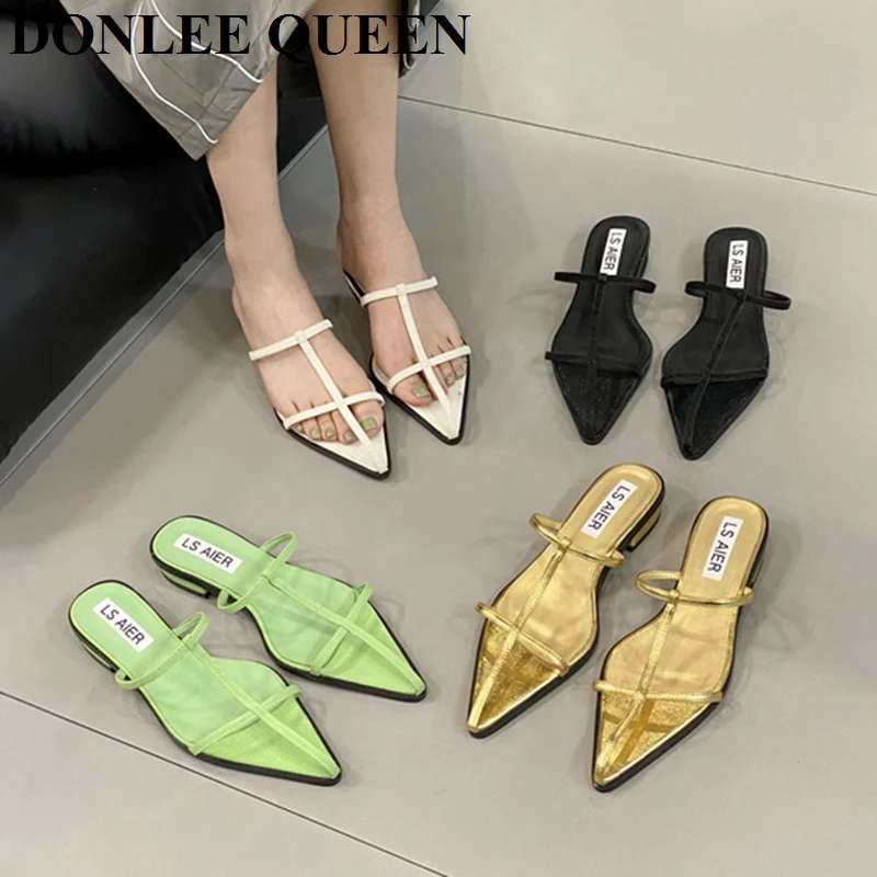 

Шлепанцы женские с узкими ремешками, Сланцы на Плоском Каблуке, заостренный носок, без застежки, повседневные пляжные сандалии, золотистые, 2023