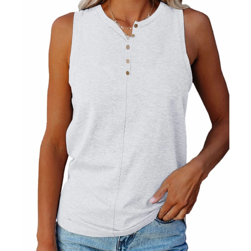 

Women's Vest Top T-shirt Women's Casual Round Neck Sleeveless Vest Summer Fashion Solid Color Loose Button Pullover Vest T-shirt