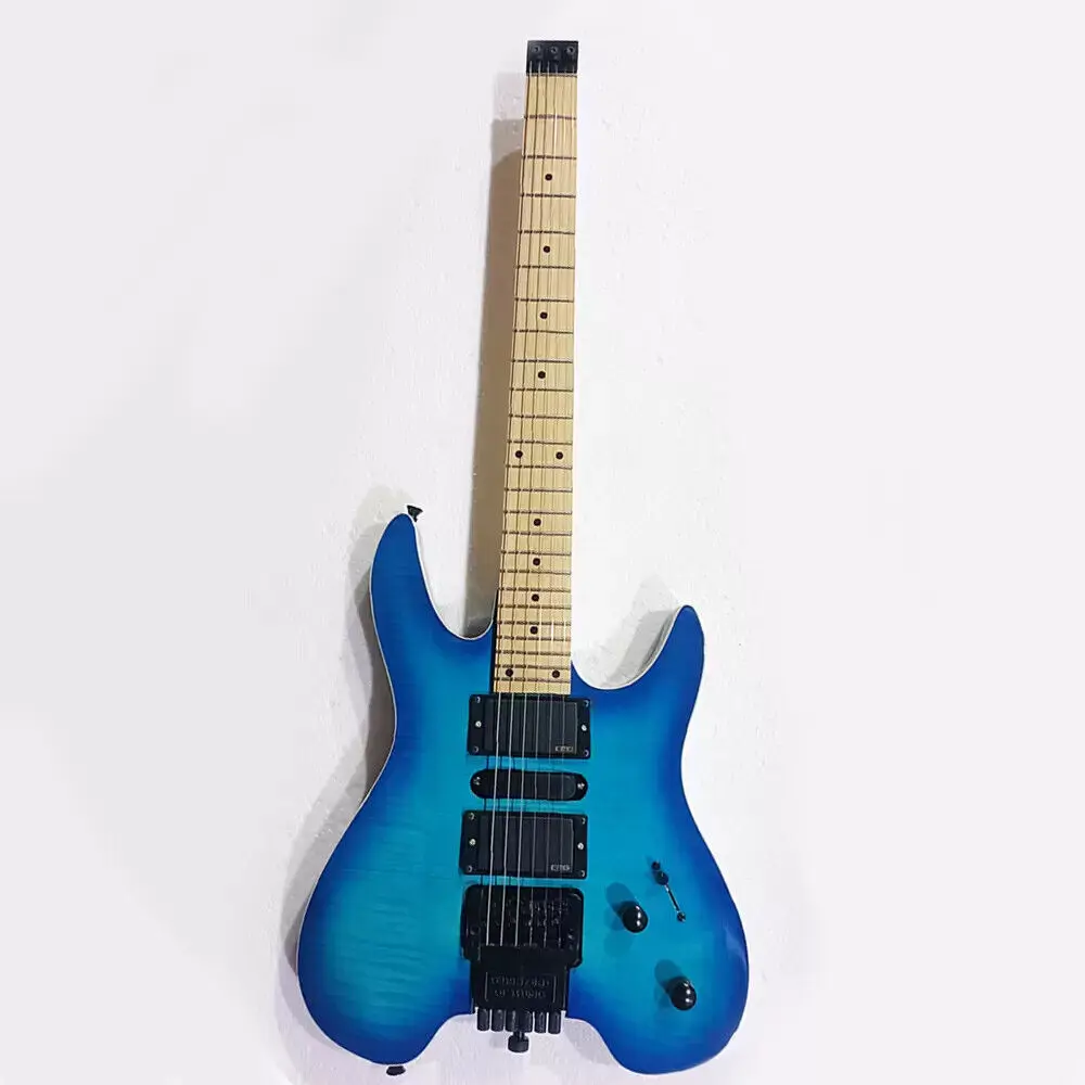 

6-string Headless Metal Blue Electric Guitar with Floyd Rose, Rosewood Freeboard