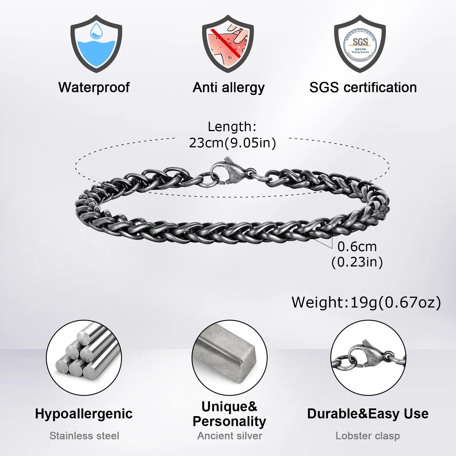 Браслет-цепочка Vnox мужской круглый из нержавеющей стали