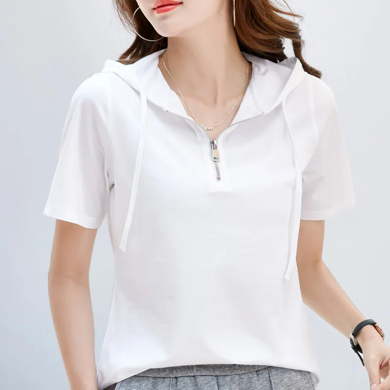 

Summer T Shirt Women Hooded Short Sleeve Cotton Tshirts Solid Color Casual Tees New Ziper Female Sportswear Outfits Joggers Tops