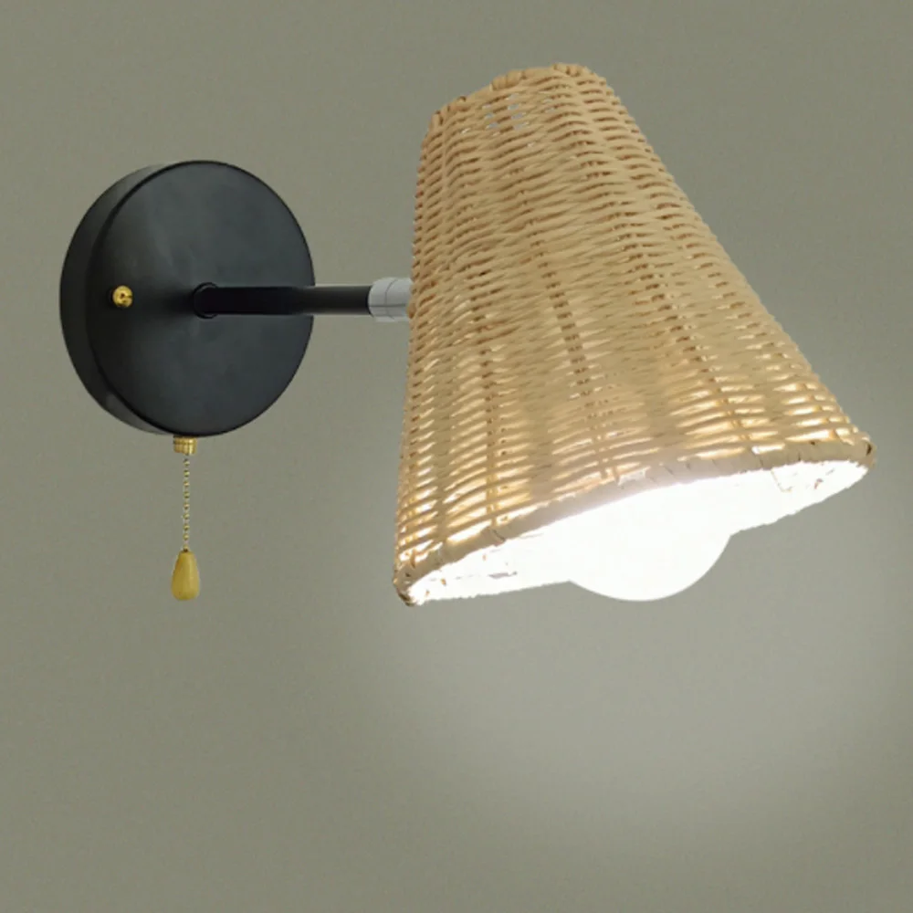 

Rattan Art Wall Lamp Zipper Switch Hand-woven Homestay Wind Retro Living Room Bedroom Bedside Wall Lamp Entrance Lighting