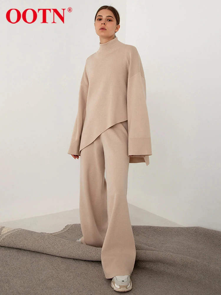 

OOTN Office Elegant Pant Sets Turtleneck Irregular Sweater Outfit Autumn Winter 2 Piece High Waist Wide Leg Pant Suit Women 2022