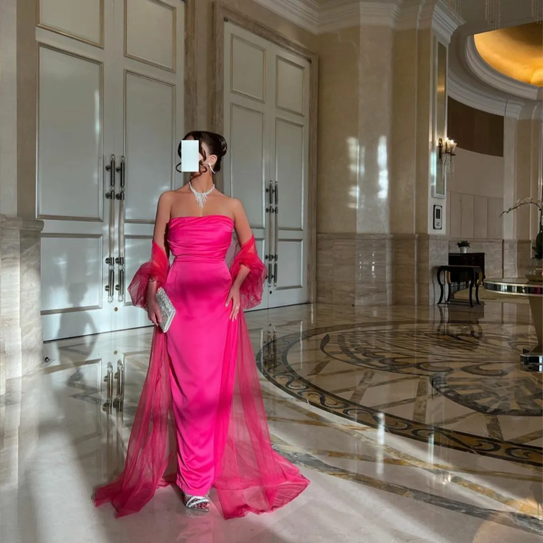 

Katerina Vintage Long Hot Pink Evening Dresses Strapless Floor Length Satin Zipper Back Formal Party Dress for Women Prom Gowns