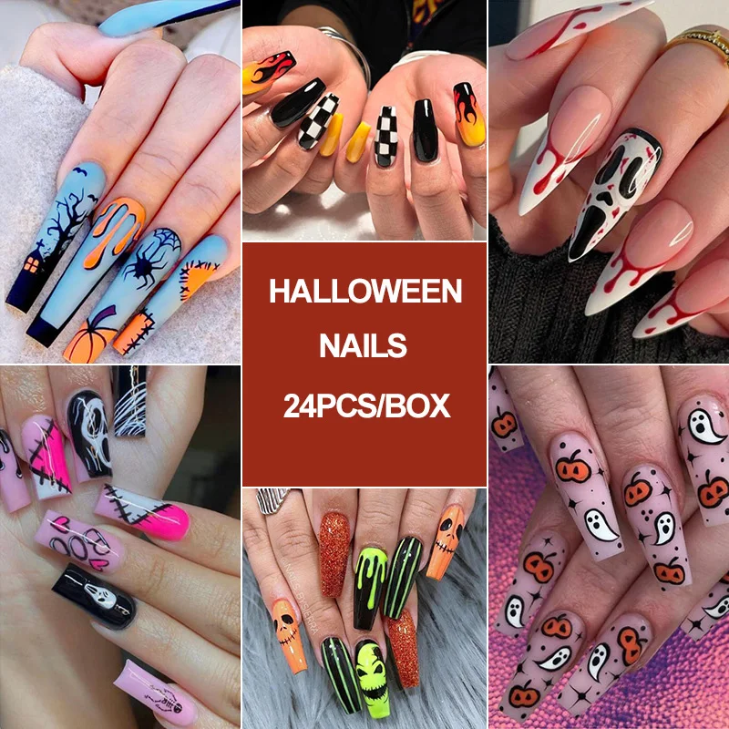 

Набор 3D накладных ногтей на Хэллоуин, накладные ногти из искусственных ногтей, Длинные кончики миндаля, принадлежности для маникюра «сдела...