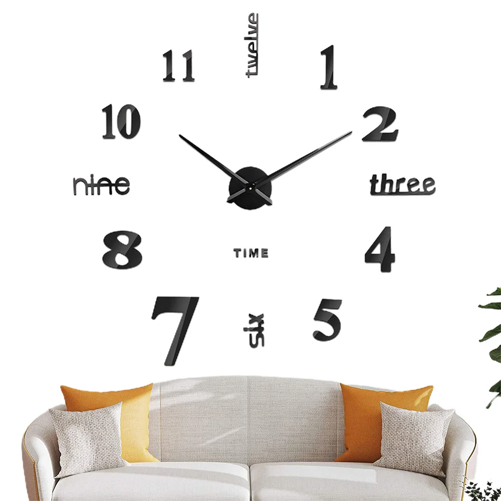 Modern Large Wall Clock for Blank Wall Easy to Assemble Adjustable Size Frameless DIY 3D Mirror Sticker for Living Room Decor