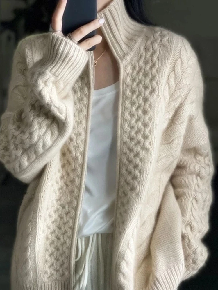 

2023 Autumn And Winter New Thick Turtleneck Cashmere Knitted Cardigan Women's Loose Wool Sweater Cardigan Larg Size Female Jacke