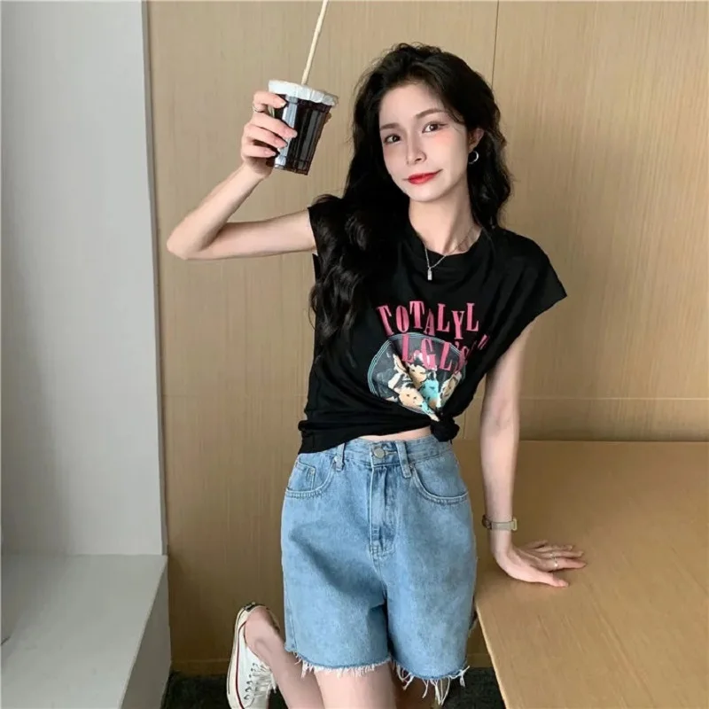 

Street Pure Cotton Short-sleeved T-shirt Fashion European And American Loose Casual Retro Letters Harajuku Cartoon Printing Y2K