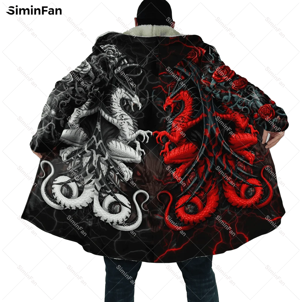 

Red White Dragon Tattoo Winter 3D All Over Print Hooded Cloak Men Fleece Cape Robe Flannel Overcoat Unisex Windproof Windbreaker