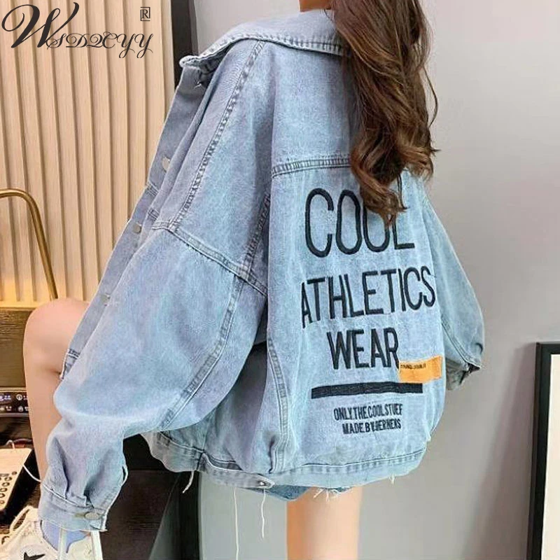 

Oversized Denim Jacket Women 2023 Spring Autumn Vintage Boyfriend Jean Coat Streetwear Letter Embroidery Outwear Plus Size