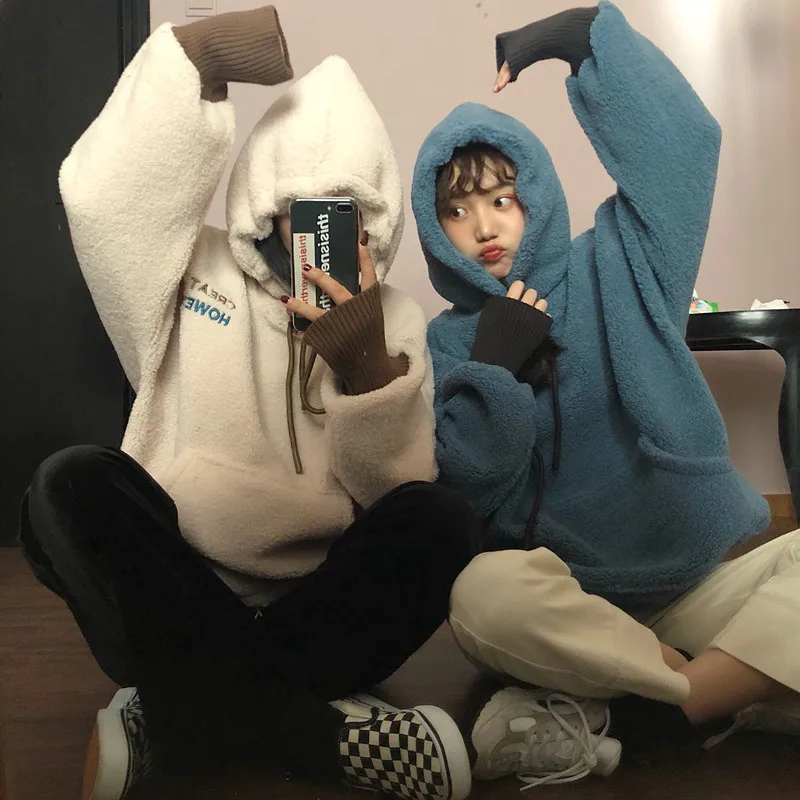 

Imitation Lamb Plush Hoodies Women 2022 Autumn and Winter Thickening Trend Clothes Long Sleeve High Neck Drawstring Hoodies