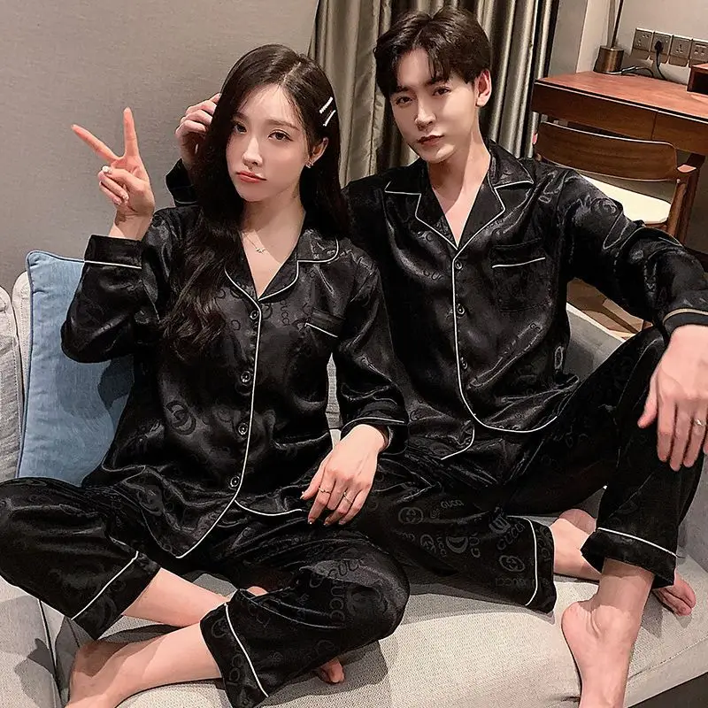 Lovers pajamas female paragraphs in the spring and autumn long thin ice silk leisurewear emulation silk male suits summer