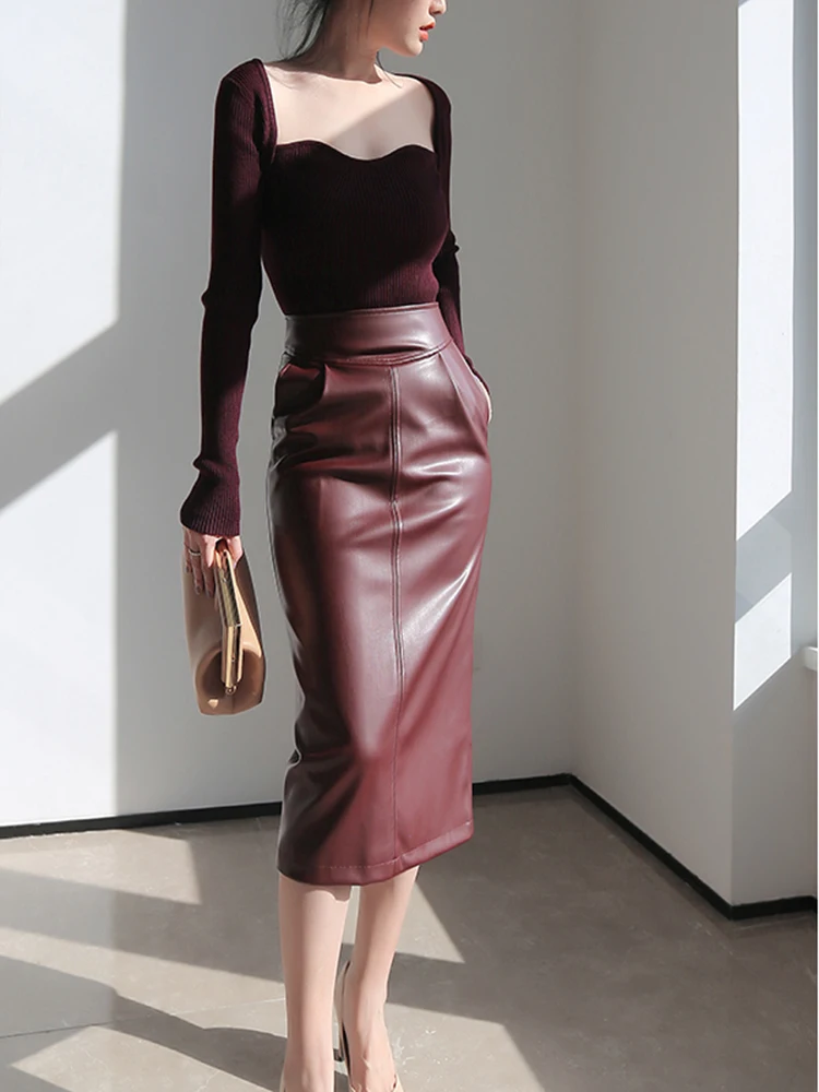 Autumn and winter new leather skirt half skirt highwaist package hip skirt velvet mid-length paragraph hundred match y2k Clothes