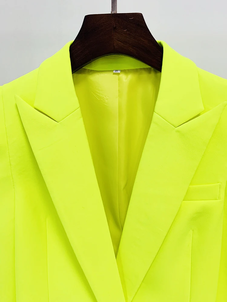 HIGH QUALITY Newest Fashion 2023 Designer Jacket Women Peak Strong Shoulder Double Breasted Long Blazer Fluorescein