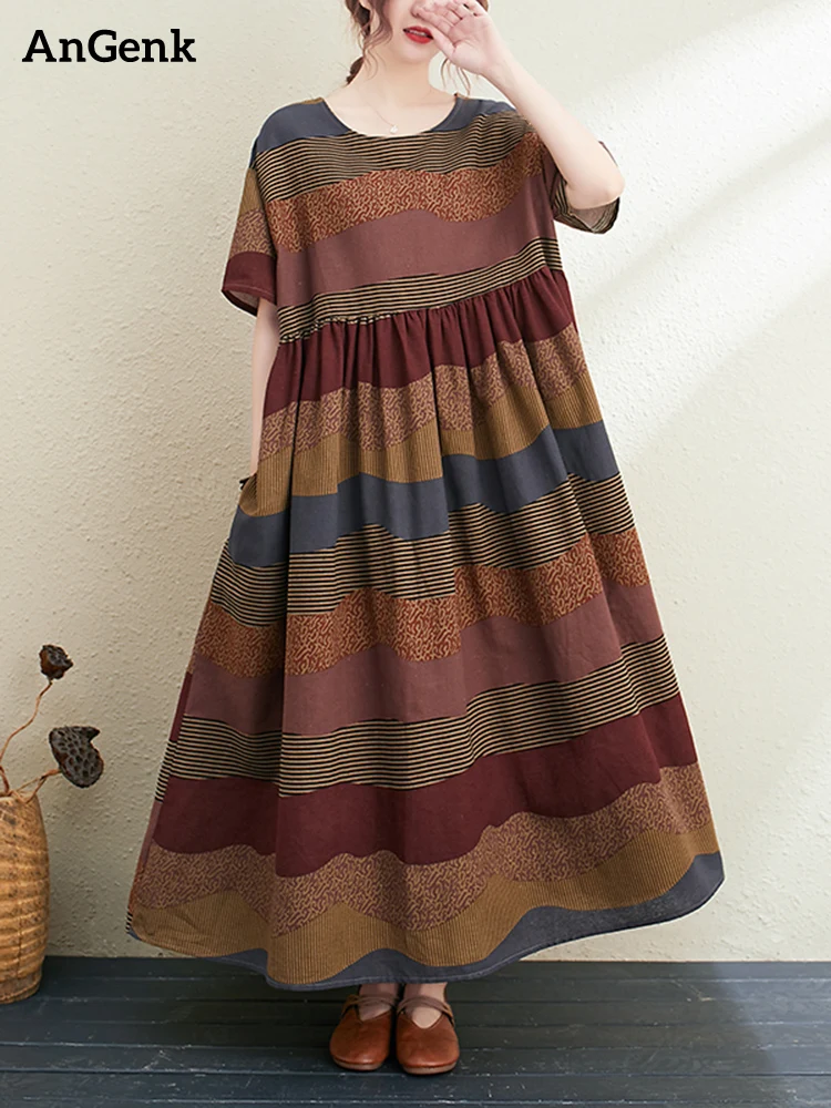

2022 New Summer Cotton Linen Short Sleeve Vintage Striped Print Dresses For Women Long Fashion Dress Elegant Vestidos Robe Femme
