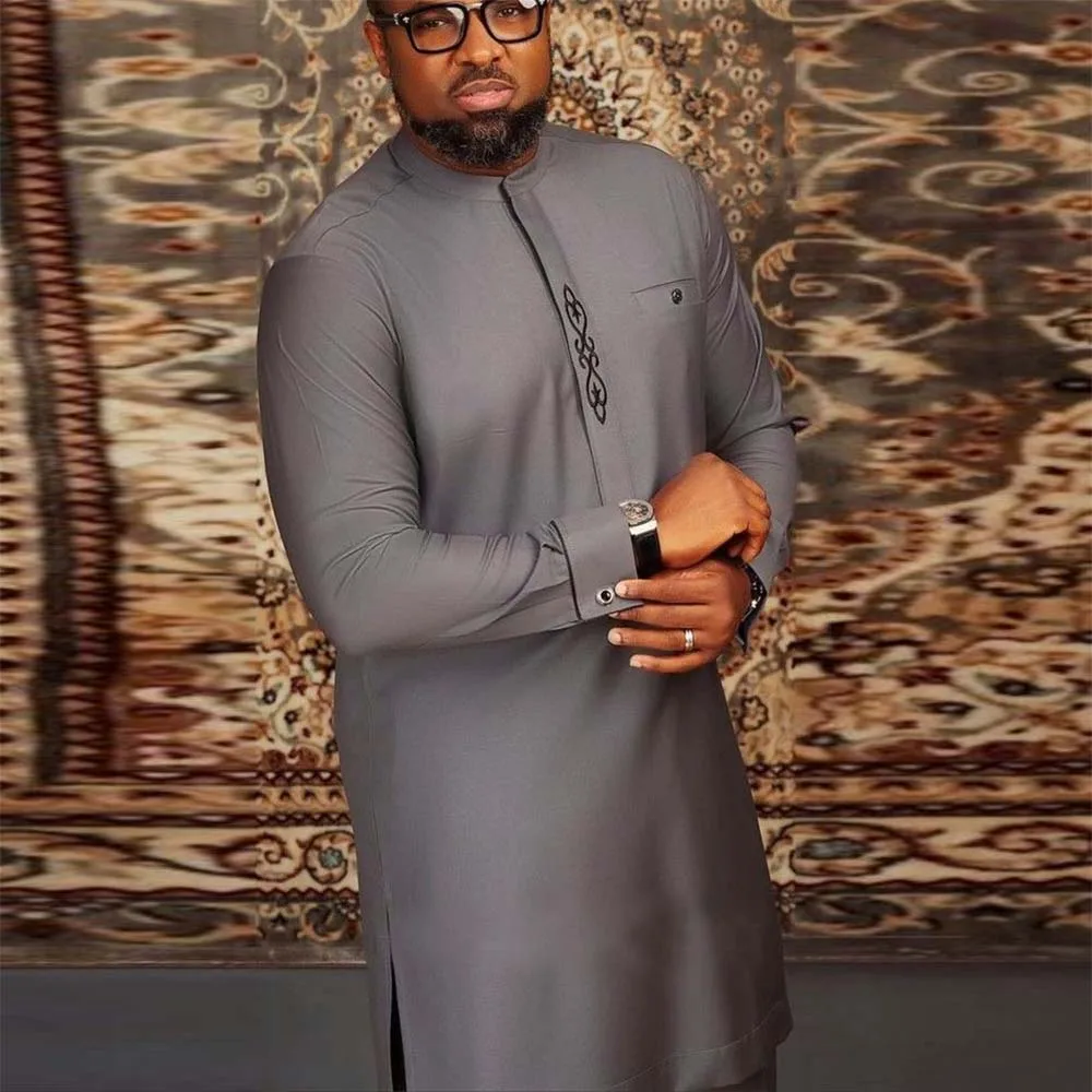 

Shirt Muslin Fashion Men Embroidered Long Shirt Long Sleeve Pullover Loose Round Neck Mid-length African Style Shirt 2022 New