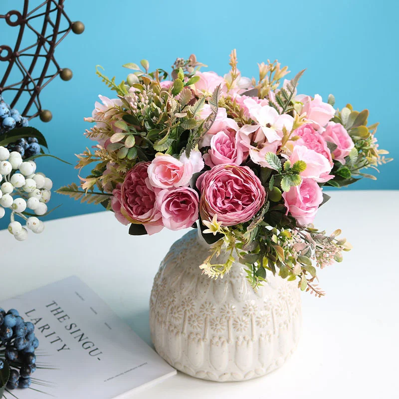 

Красивые шелковые искусственные цветы, букет больших пионов и 4 розы, искусственные цветы для дома, свадебное украшение, комнатные искусств...