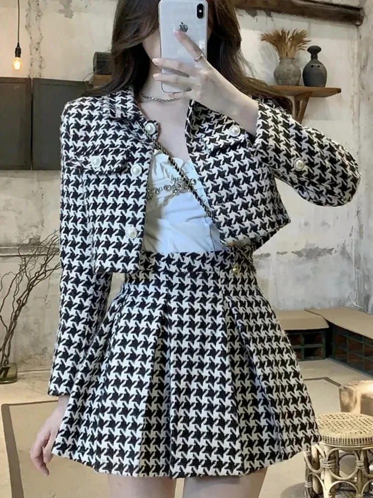 

Fall Spring Houndstooth Tweed Korean Women's Clothes Vintage Jacket Coat + Elegant Pleated Mini Skirts Two Pieces Set Suit