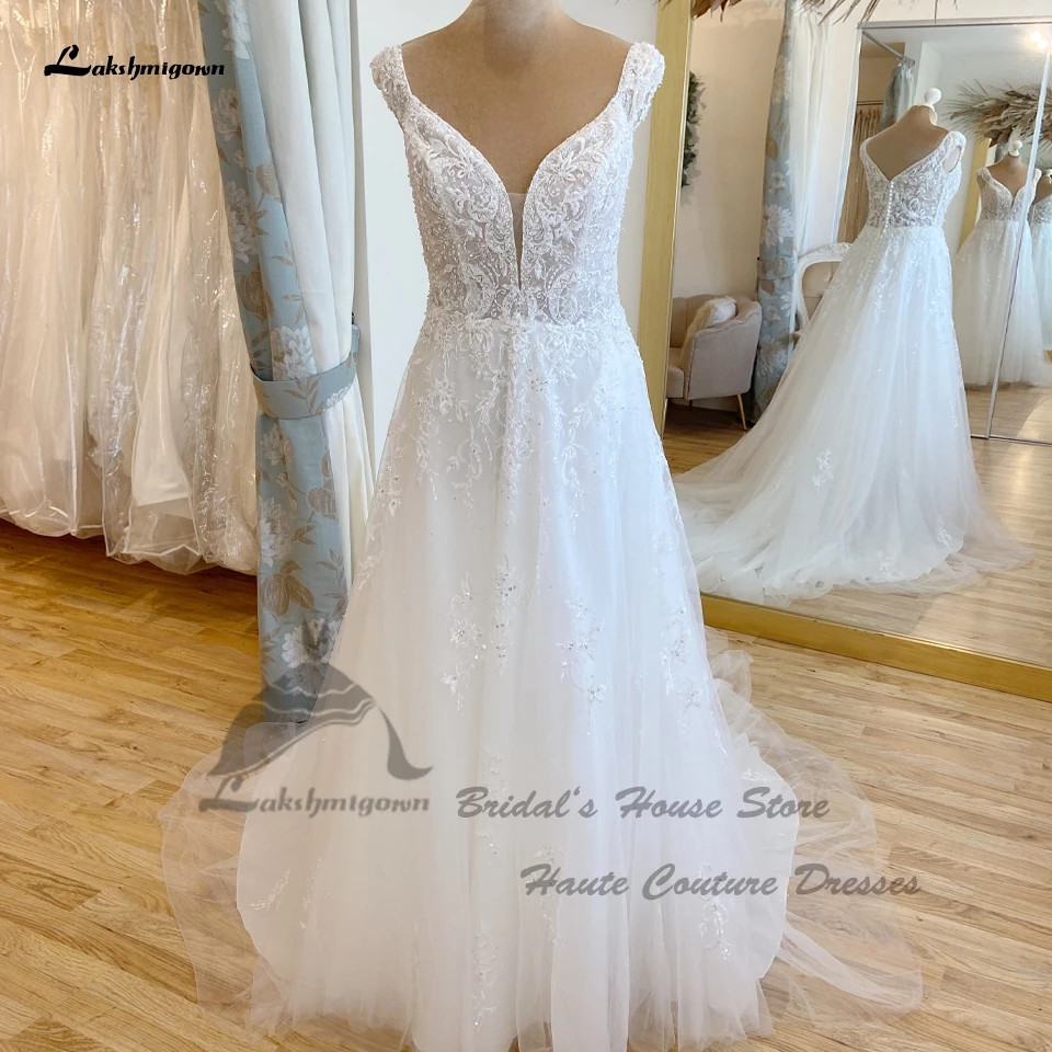 

Женское ТРАПЕЦИЕВИДНОЕ свадебное платье размера плюс, длинные пляжные свадебные платья с V-образным вырезом, кружевными бусинами и коротки...