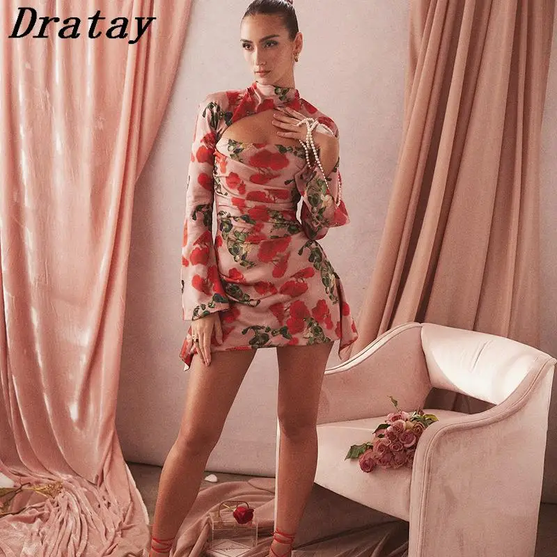 

Dratay весенние платья с цветочным принтом для женщин 2022 ажурное облегающее платье с рюшами женское платье мини с высоким воротником и длинным...