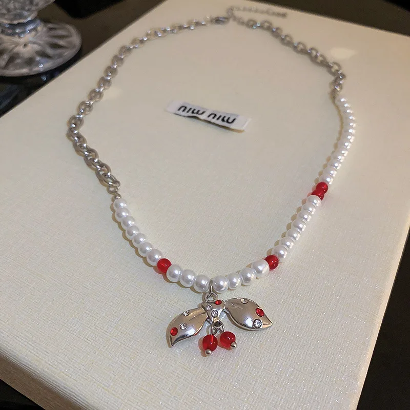 

Minar Korea Bling Red Color Rhinestones Cherry Bowknot Pendant Necklace for Women Asymmetry Pearl Beads Chain Chokers Necklaces