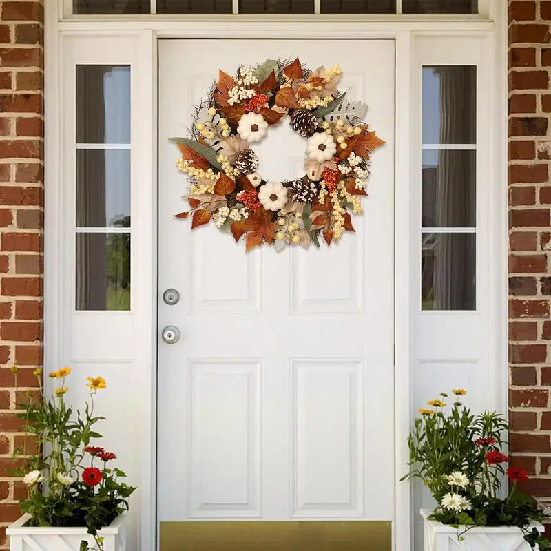 

Orange Front Door Wreath 45cm White Pumpkin Flower Wreath Handmade Fall Maple Leaf Wreaths For Window Wall Fireplace Decor