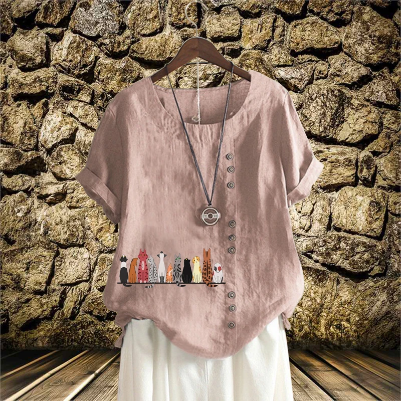 

Fashion Loose Linen T Shirt for Women in Summer Lady's Round Neck Short Printed Sleeve Top Casual Shirt Cartoon Pattern XS-5XL