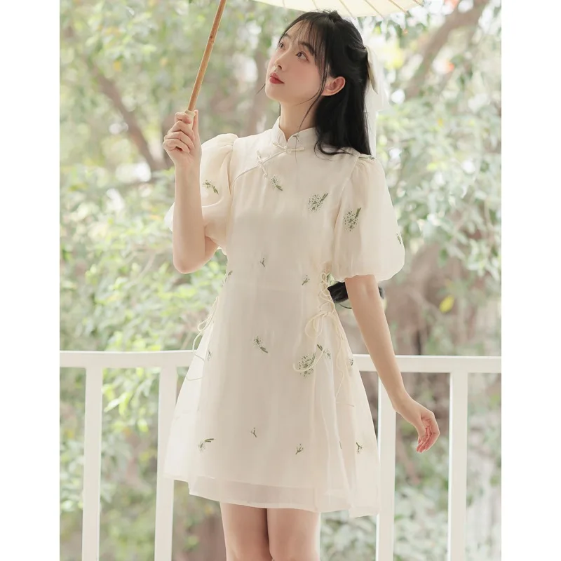 Новинка 2024 китайские винтажные платья-Ципао с пышными рукавами женское летнее