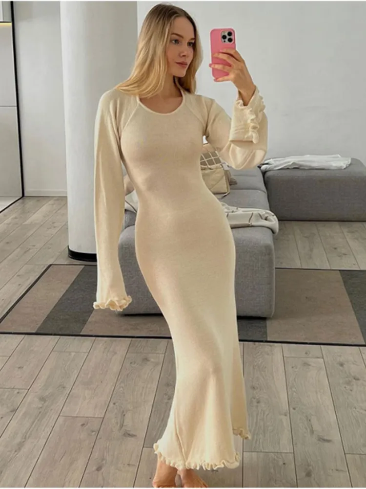 Женское сексуальное однотонное Хлопковое платье макси элегантное с круглым