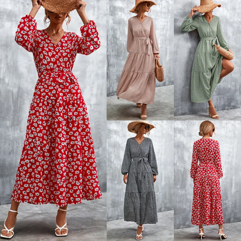 

Printed Lace Up Lantern Sleeve Swing Dress Boho Dress Prom Dresses 2022 Dresses For Weddings Woman Guest Maxi Dress Robe Femme