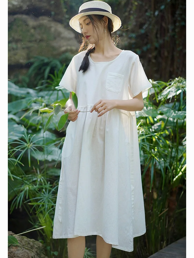 Хлопково-льняное платье Babydoll женское повседневное свободного кроя с коротким