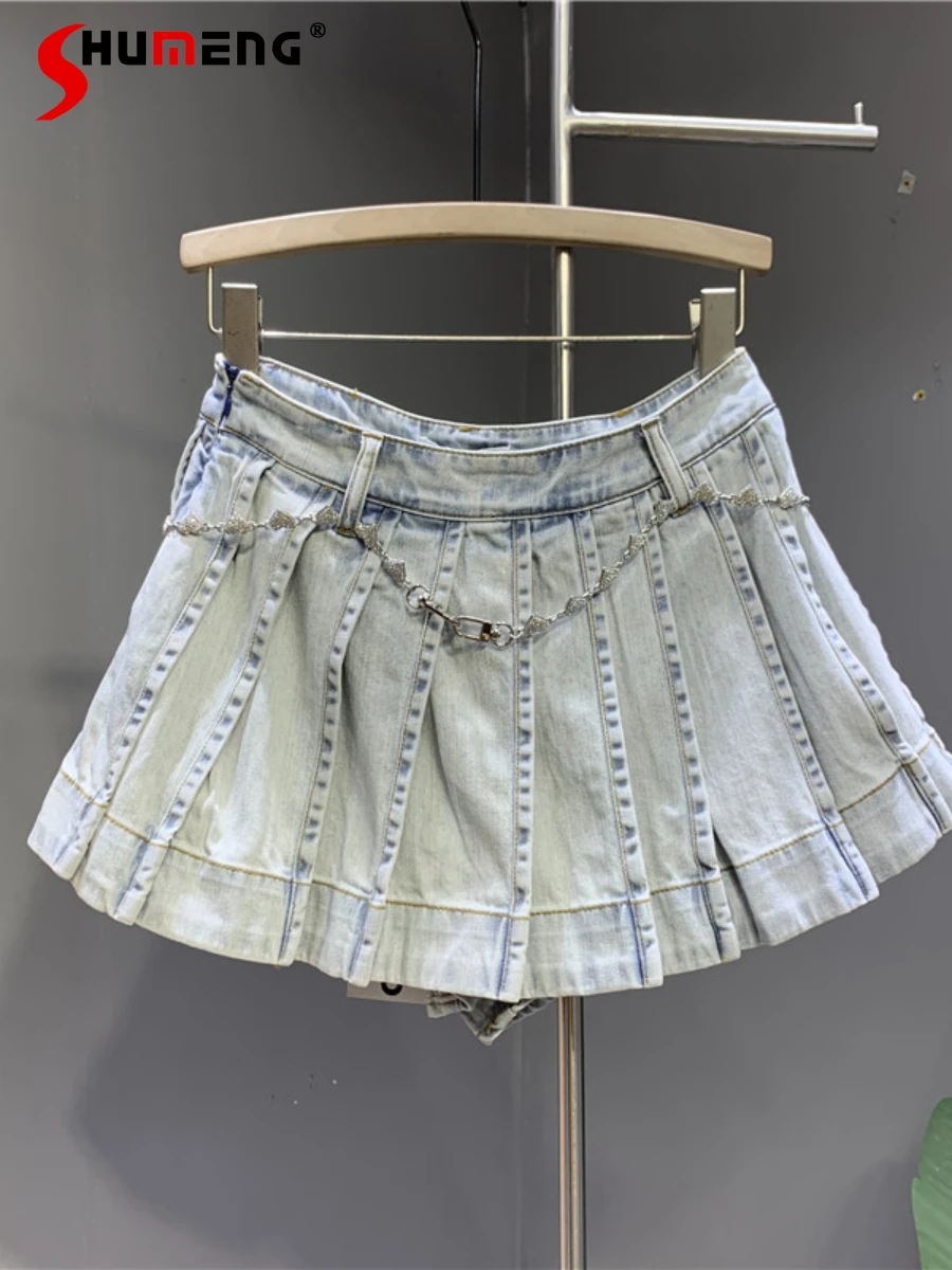 

European 2022 Summer New Female Light Blue Above Knee Denim Skirt Women's Fashion Elegant Sexy Pleated A- Line Solid Miniskirt