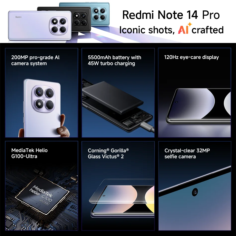 Мировая премьера смартфона Xiaomi Redmi Note 14 Pro 4G 200 MP AI камеры Helio G100 Ultra 6 67 дюйма 5500 мАч