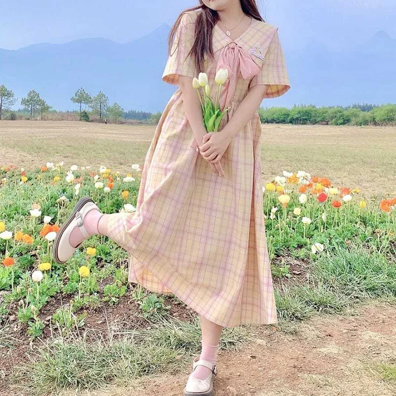 Preppy Style Sailor Collar Plaid Printing Short Sleeve Lacing Bow Macaron Tone Summer Clothes for Women Plus Size A-line Dresses