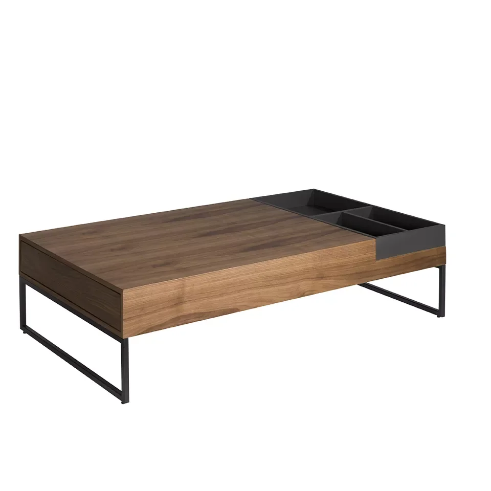 

Rectangular coffee table in walnut wood with side drawer. Tray with gray-colored lacquered DM Wood compartments. Legs in black e